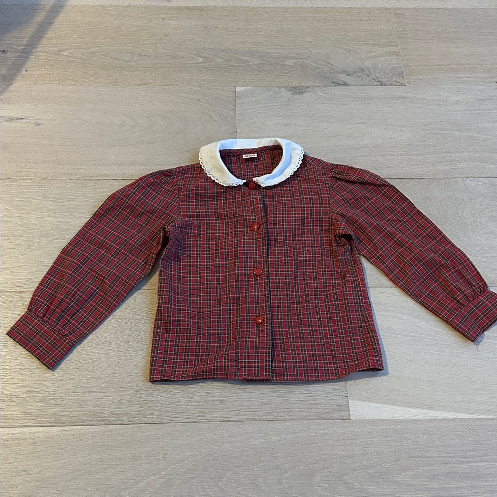 Vintage Red Plaid Button-Up Shirt White Peter Pan Collar 4 girls apple buttons